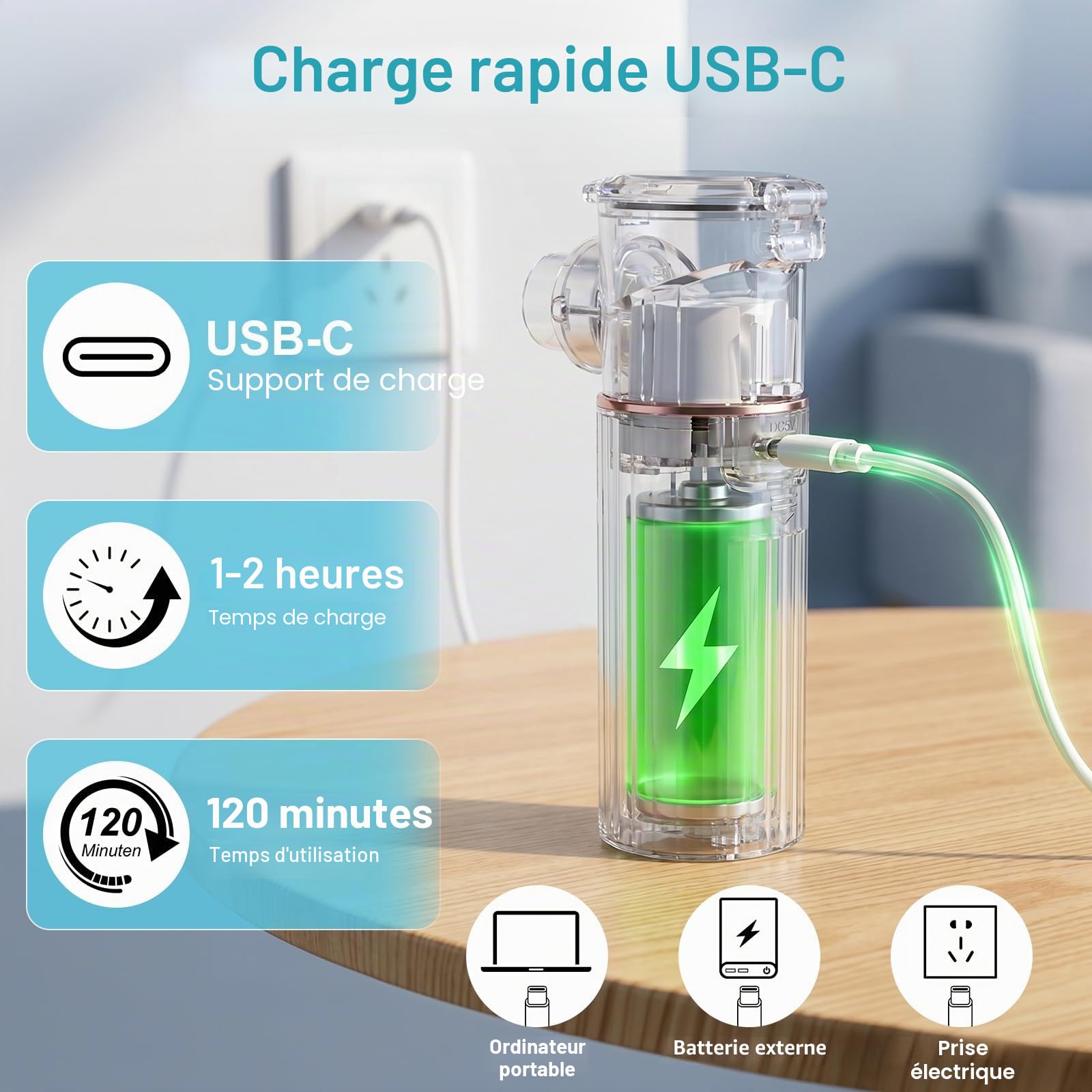 Nebulisateur Silent,Nebulisateur Portable USB-C Rechargeable pour Adultes et Enfants, Quantité de vapeur réglable，Nebulisateur à Ultrasons Avec 2 Masques et un Embout Buccal
