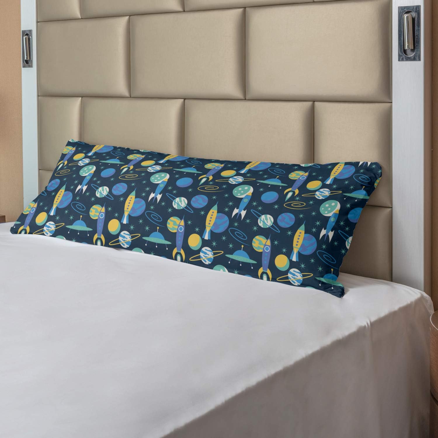 Ambesonne Rockets Body Pillow Case Cover with Zipper, Planets Travel Transport Galaxy Stars Spaceship, Decorative Accent Long Pillowcase, 21" x 54", Mustard Deep Sky Blue