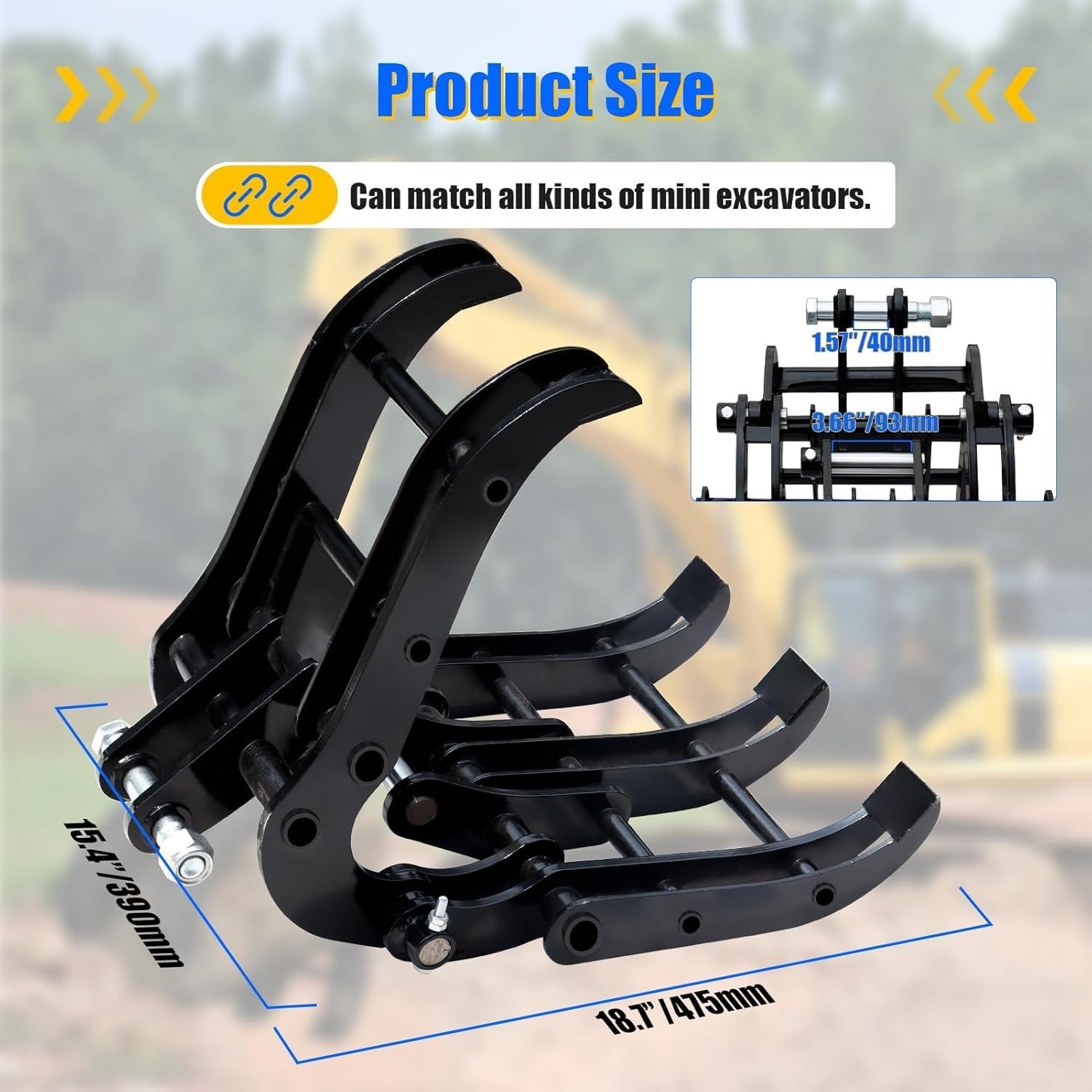 Pinza per Mini Escavatore 0,8–1,8 Ton, Pinza Idraulica per Legno, Rocce e Metalli, Apertura 90 mm, Foro 25 mm, Accessorio Escavatore Compatto Professionale