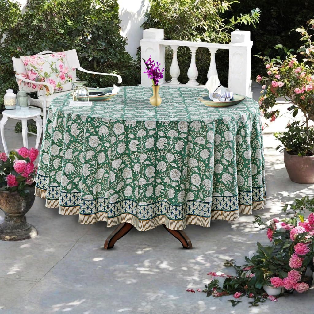 ATOSII 90" Round Cotton Tablecloth - Jade Block Print Floral, Boho Style - View #5