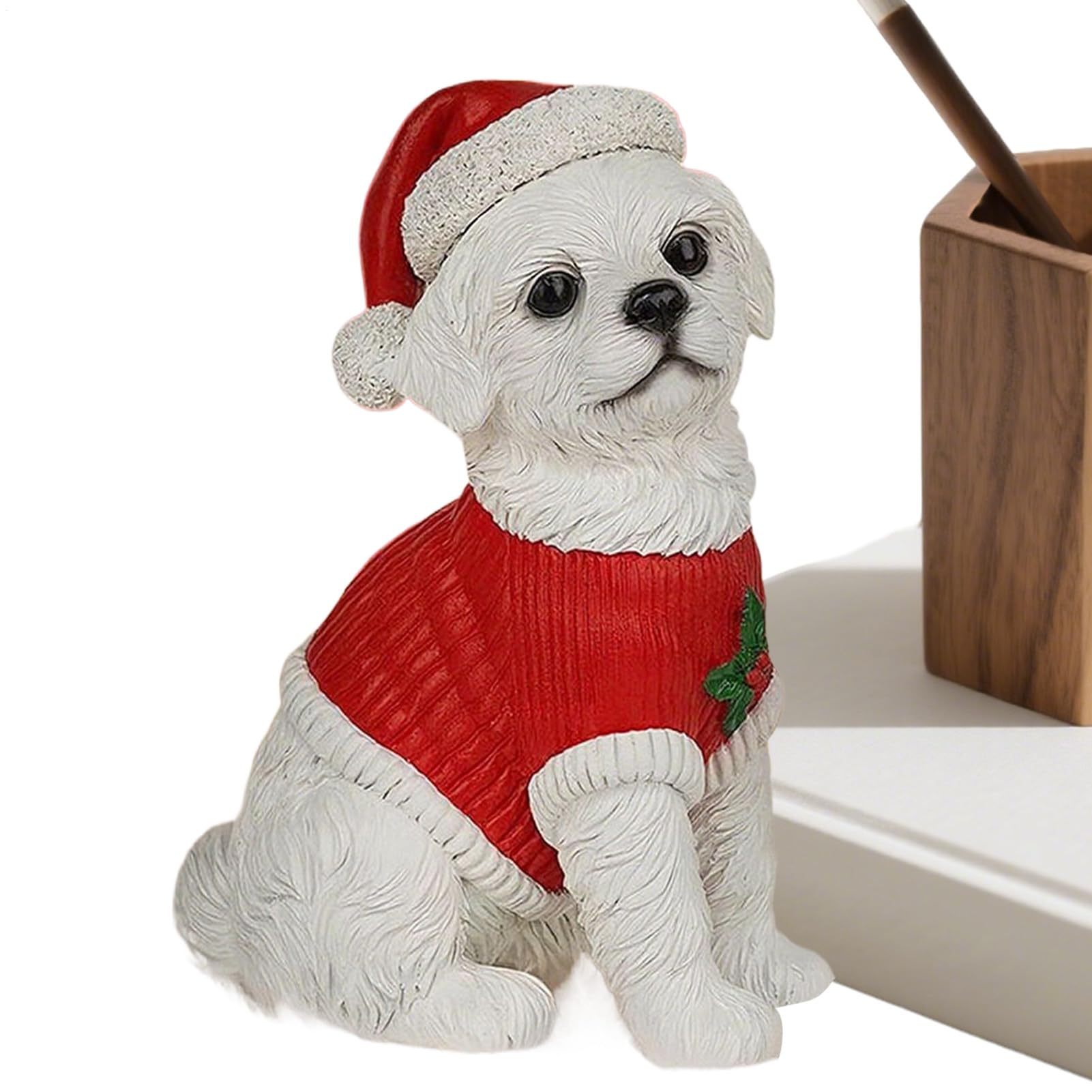 Statue de chien de Noël en résine : figurine déco de fête pour maison et bureau