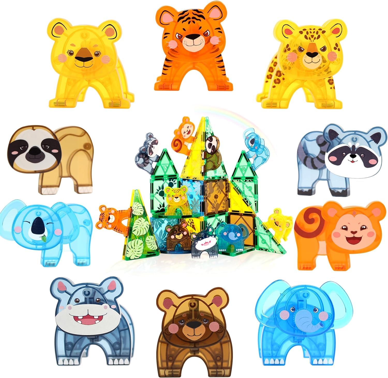 49PCS Dinosaur Adventure Magnetic Building Tiles, Wildlife Themed STEM Construction Hand-Free Set for Kids, 3D Jurassic Learning Playset with Prehistoric Animals (safari animals)