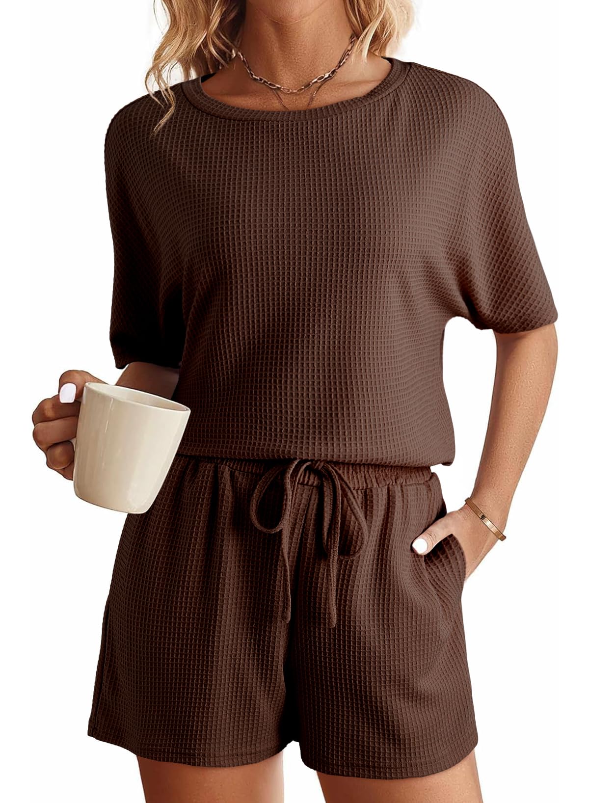 SHEWIN Pajama Set for Women 2 Piece Outfit Waffle Knit Pajama Set Short Sleeve T Shirts and Shorts Matching Lounge Sets Loungewear Sweatsuits Pj Set Coffee L