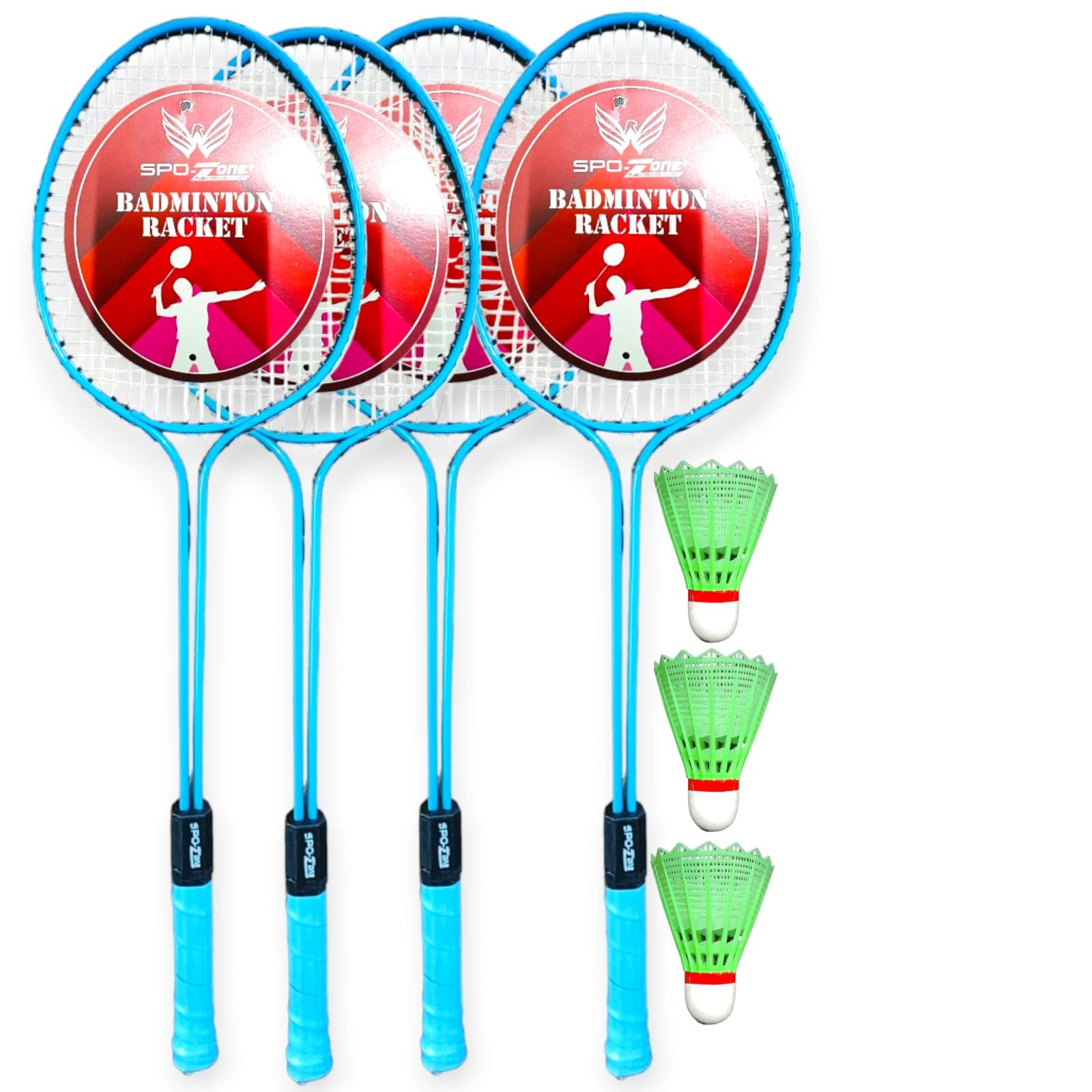 SPO Zone Badminton Set, 4 Racquets with 3 Green Shuttlecocks, Blue-image-45