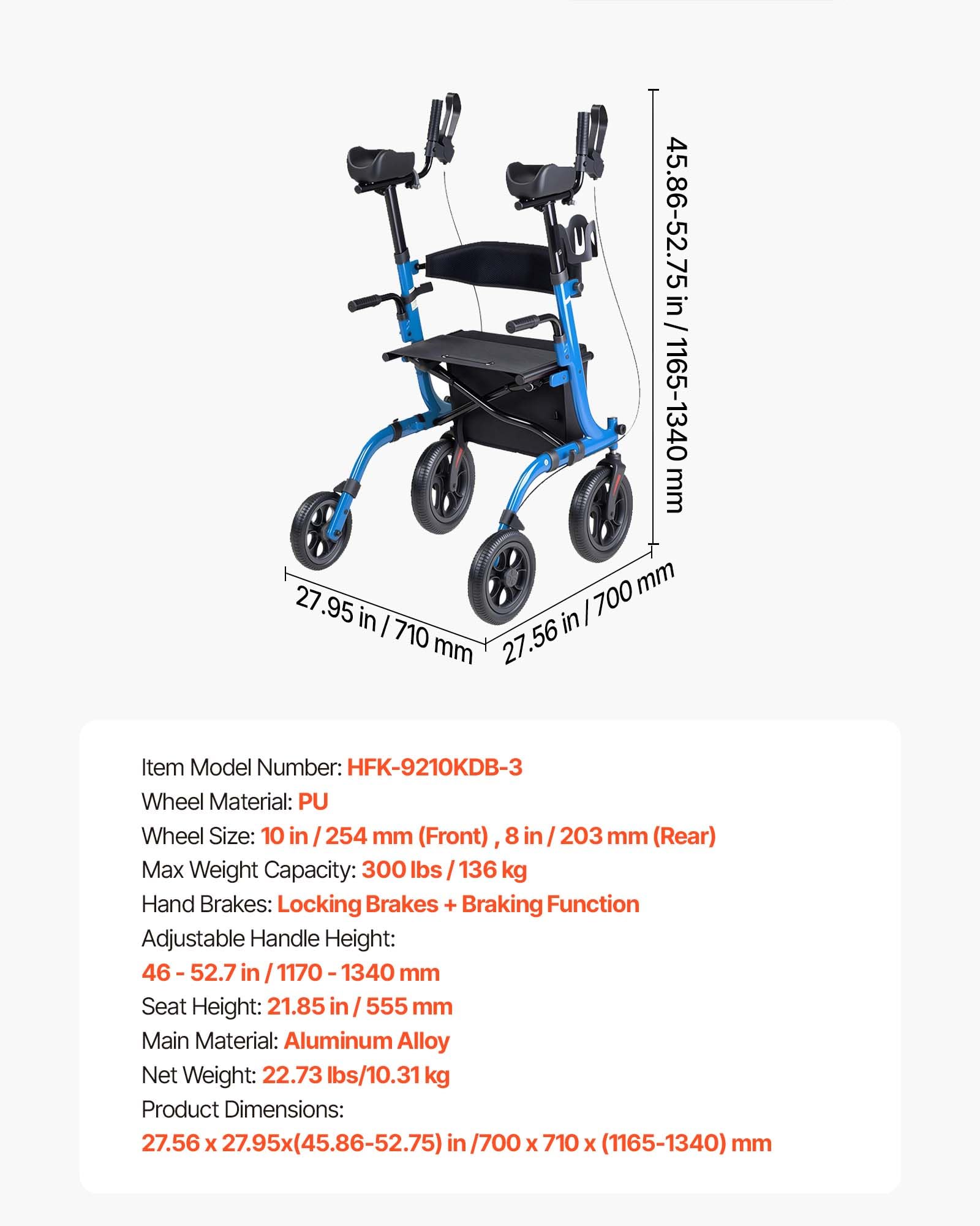 VEVOR Deambulatore con Sedile Supporto Massimo 136 kg per Anziani, Ausilio Pieghevole Leggero in Alluminio con Ruote in PU Maniglia Regolabile Borsa Portaoggetti e Porta Bastone, per Sostegno Disabili
