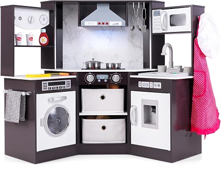 HONEY JOY Corner Kids Kitchen Playset, Wooden Play Kitchen for Toddlers, Range Hood, Water Circulation, Water Dispenser, Storage Box, Little Chef Pretend Toy Kitchen Set w/Lights & Sounds, Coffee