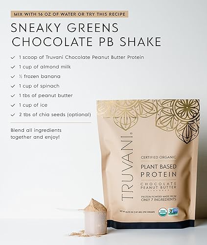 Miniatura 6 de Truvani Proteína vegana de guisantes en polvo  Mantequilla de maní de chocolate  0.71 oz de proteína orgánica a base de plantas  10 paquetes de