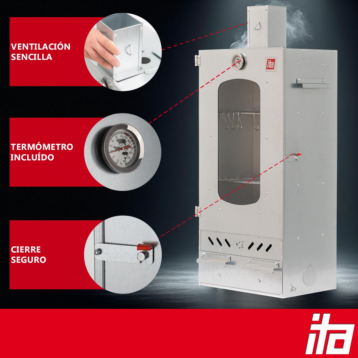 ITA Ahumador Eléctrico 7012 - Set de Smoker con Calefacción, Generador de Humo - Armario con Ventana y Chimenea - Acero Aleado - Calidad UE, Directo del Fabricante - 81 cm con 3 Estantes