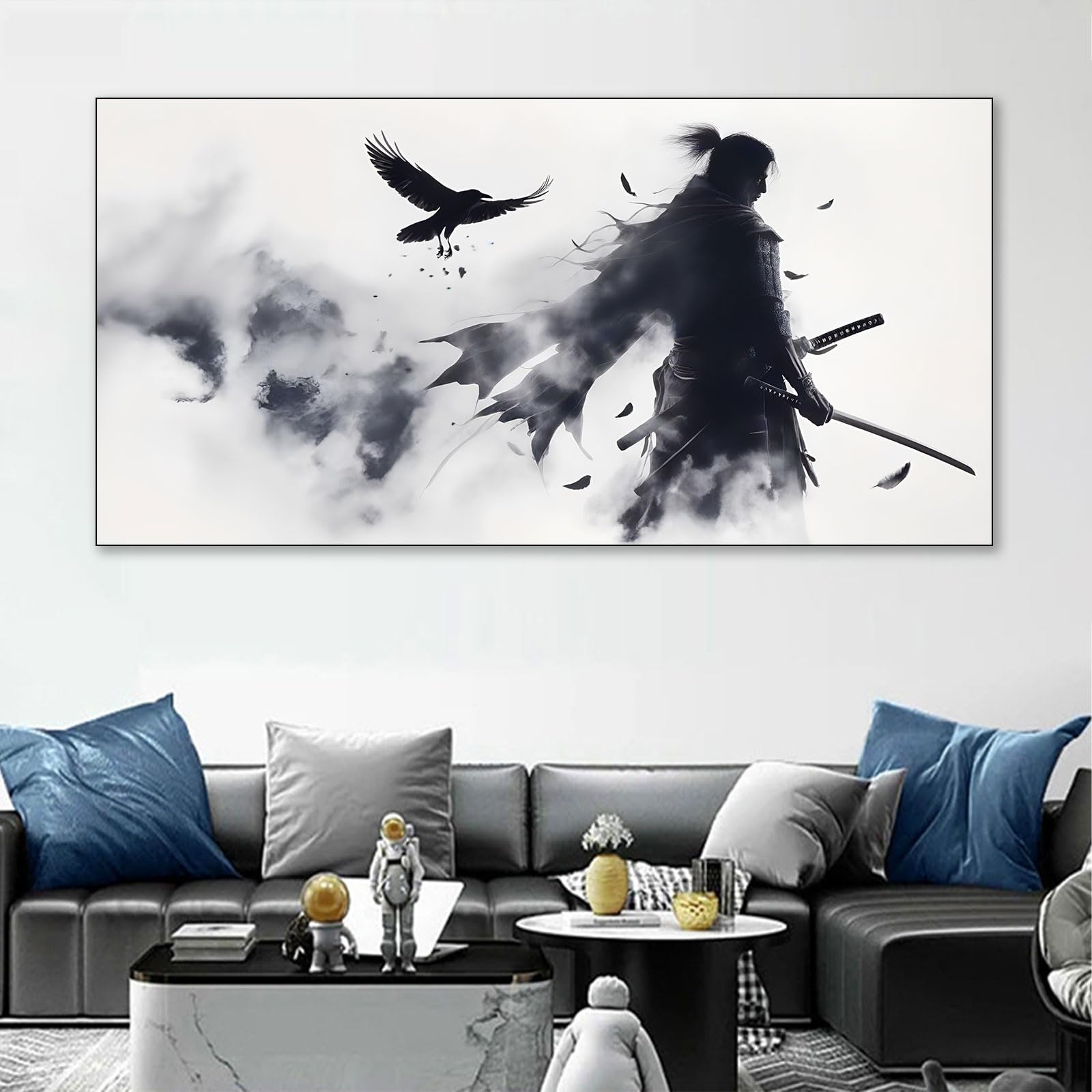 Japanische Samurai Poster Schwarz-Weiß – 60x90cm Kunstdruck Auf Leinwand, Wandbild Für Wohnzimmer & Schlafzimmer