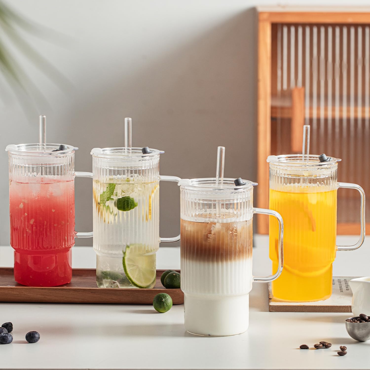 KEMORELA 2PCS 20 Oz Ribbed Glass Tumblers with Lids & Straws – Handle Iced Coffee Cups, Reusable Clear Drinkware for Smoothies & Cold Beverages – Dishwasher Safe - Image 8
