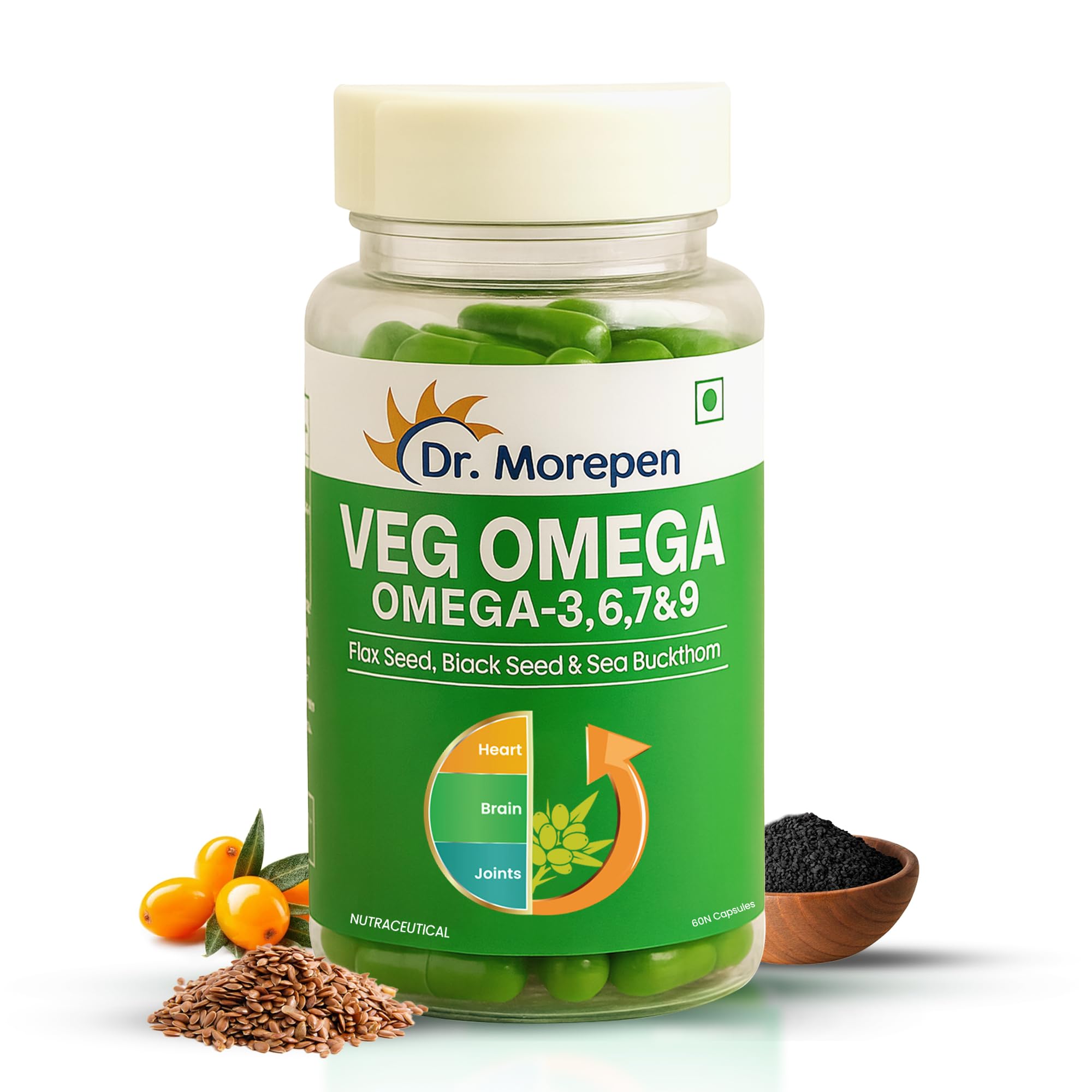DR. MOREPEN Veg Omega 3 6 7 9 Capsules 500mg with Sea Buckthorn, Flax Seed & Black Seed, Plant-Based Omega Fatty Acids for Heart, Skin & Joint Health – 60 Veg Capsules
