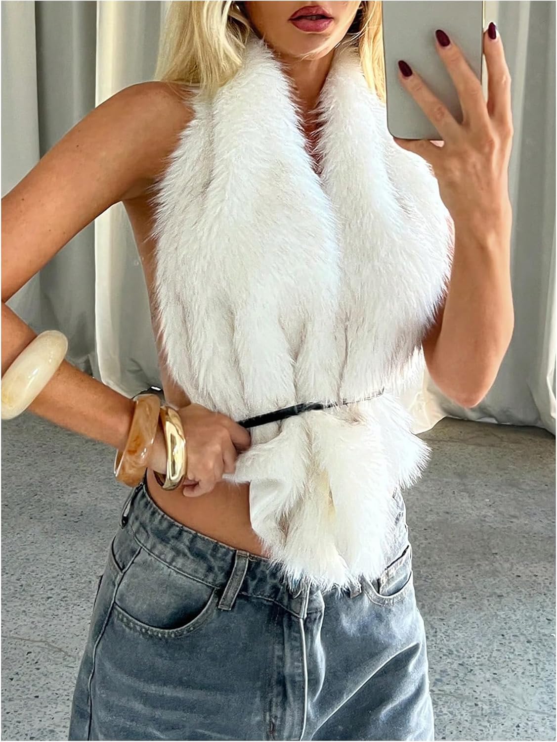 MakeMeChic Women's Faux Fur Tie Open Back Top Furry Sleeveless Y2K Cropped Vest Outerwear - Image 3