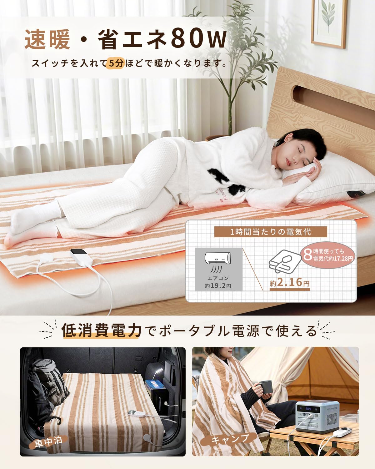 Amazon.co.jp : BAYATA 電気毛布 掛け敷き兼用 洗える【160x80cm 7段階