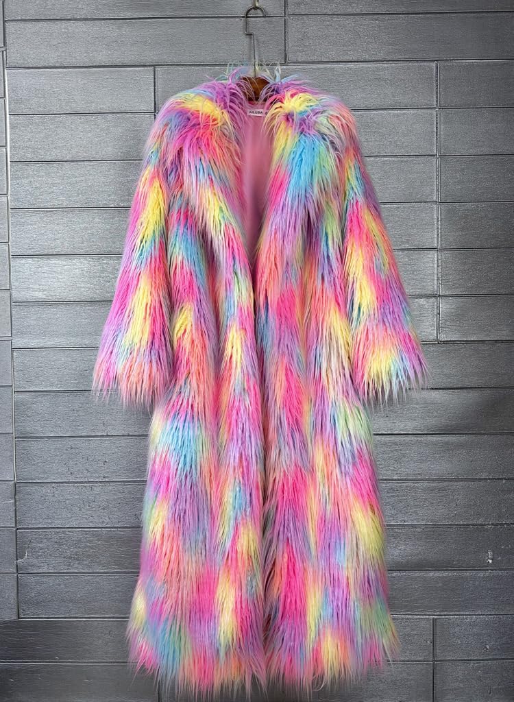 Shaggy Fluffy Faux Fur Coat With Candy Multicolored Sweater Women's Extend Ankle Puffy Outwear - Image 8