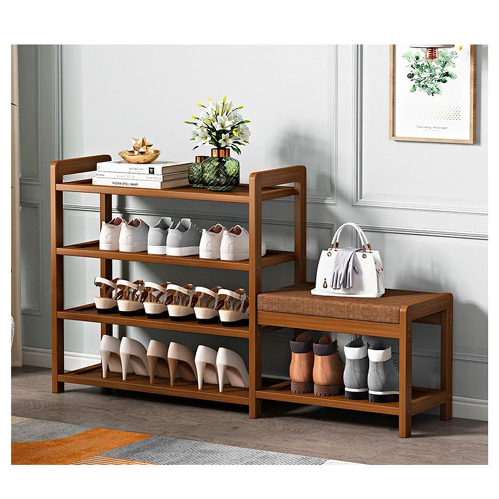 MYUYEE 4-6Tier Shoe Rack Bench With Seat Entryway Shoe Storage Orga Wooden Shoe Shelf Space-Saving Easy To Assemble For Hallway Doorway Bedroom(105X25X66Cm)