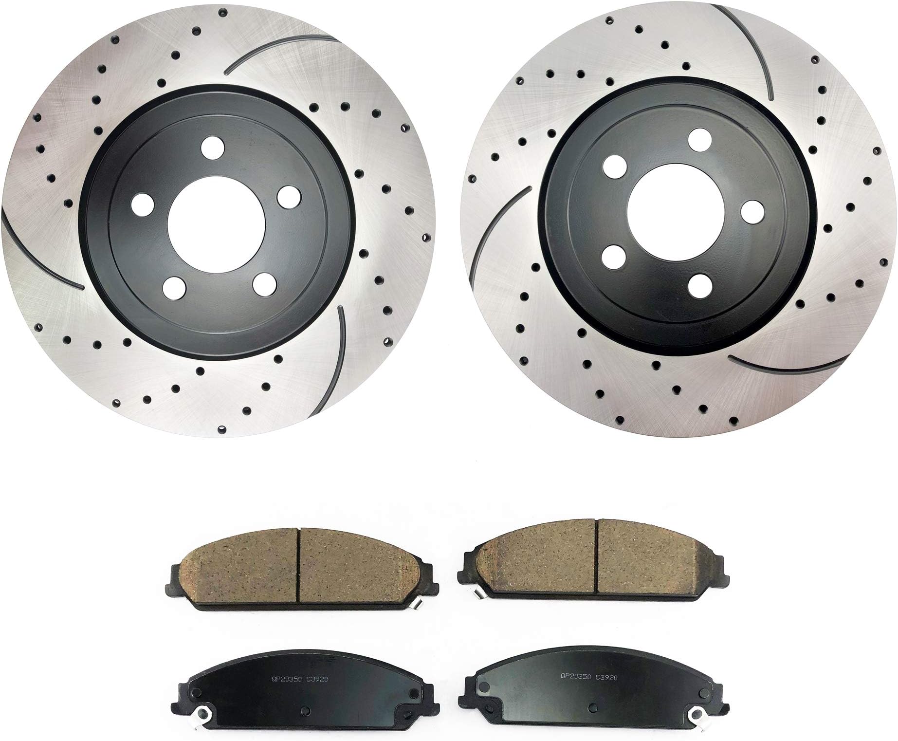 QPD10036 Front Brake kit with Drilled/Slotted Rotors and Ceramic Brake pads for 2005-2018 Chrysler 300 5.7L V8 or AWD V6|2006-2018 Dodge Charger|2009-2018 Dodge Challenger|2006-2008 Magnum