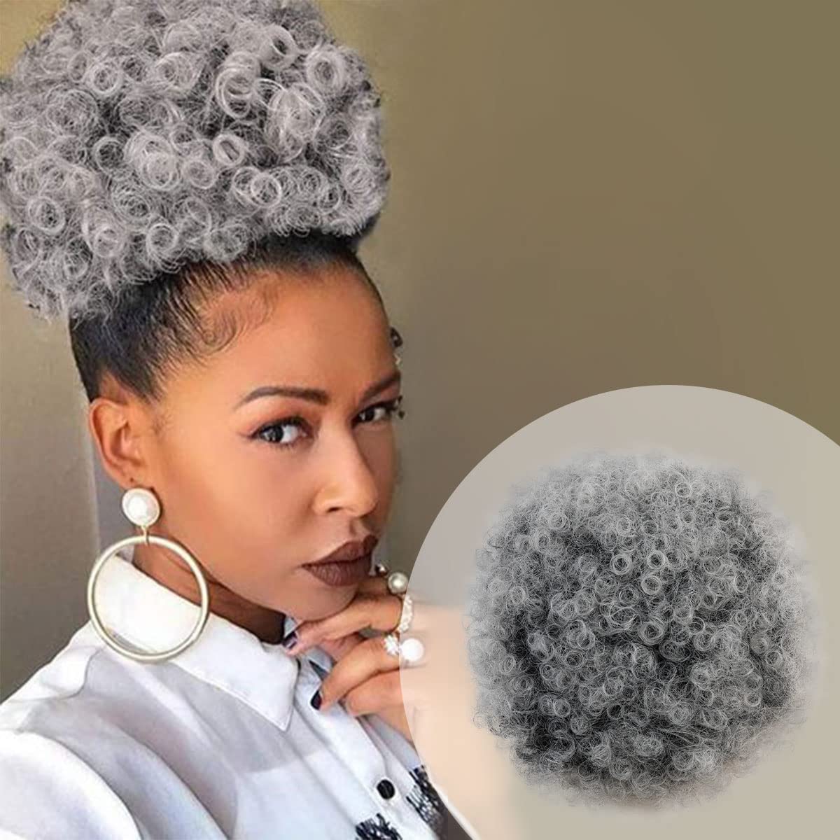 GLAM21USA Afro Puff Drawstring Ponytail Retro Curly Ponytail Wig Clip in Bun Hair Piece for Black Women Synthetic Hair Extension (LARGE, SALTNPEPPER)