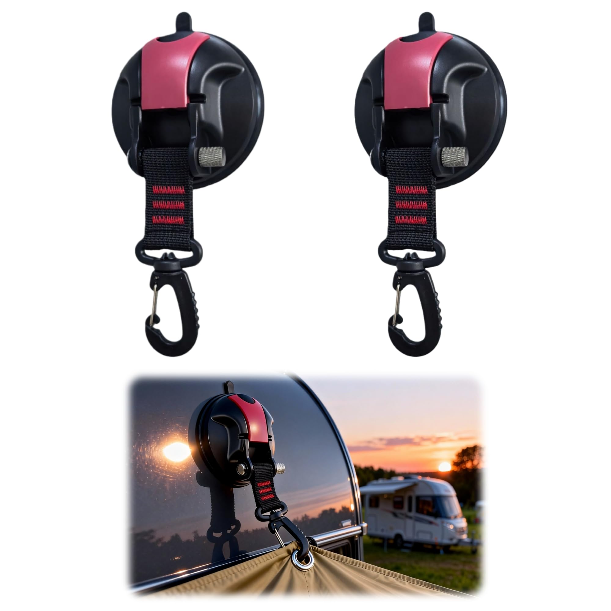 Magicbox Saugnapf Haken Camping Set 2tlg mit 360° Drehbarem D-Ring, Extra Starker Vakuum Saugnäpfe Camping für Auto, Wohnmobil, Hält bis zu 15kg pro Saugnapf, Für Glas, Fliesen & glatte Oberflächen