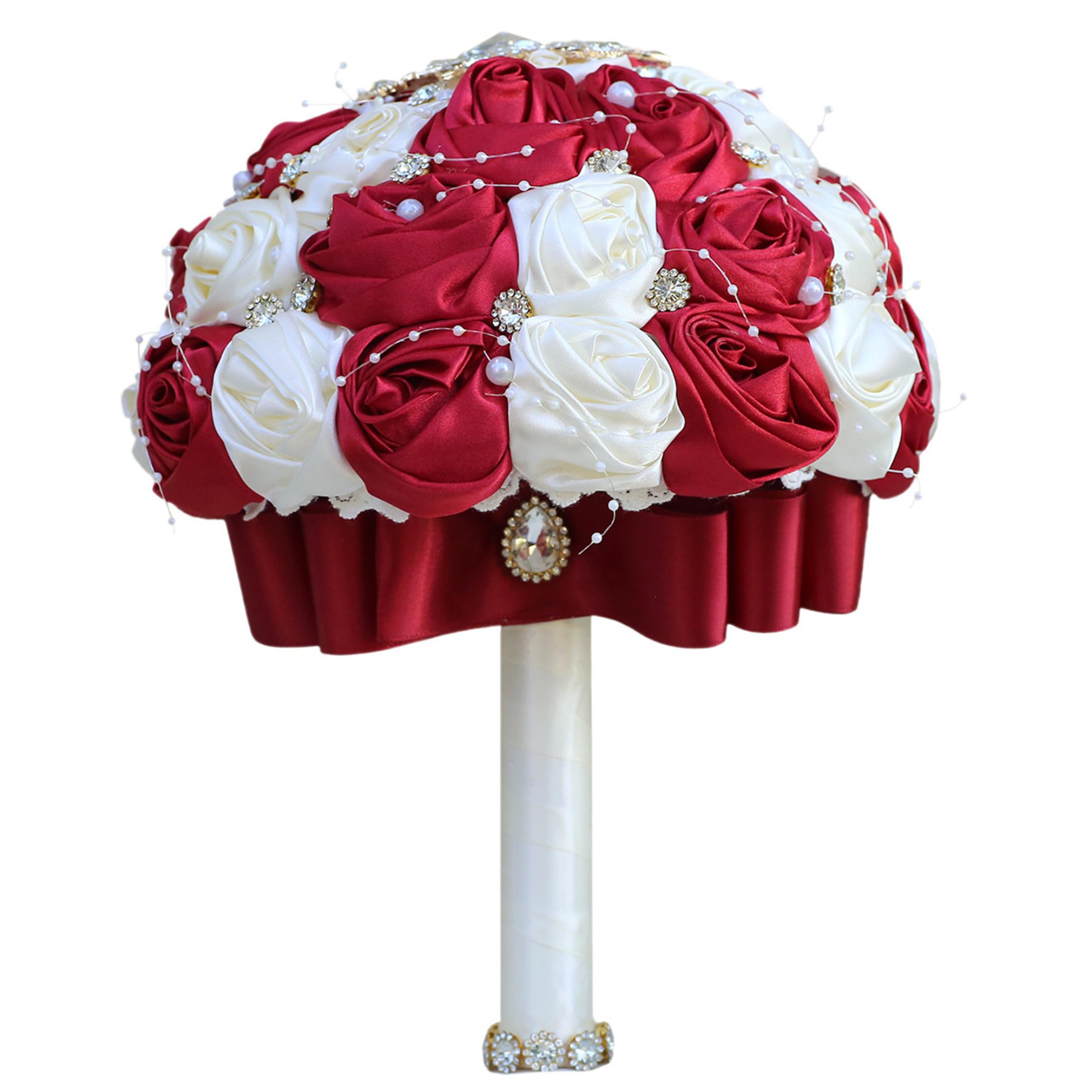Fiori artificiali, bouquet da sposa, lussuoso bouquet da sposa con nastro rosa con strass e perle per la e la damigella d'onore, 9x10 pollici