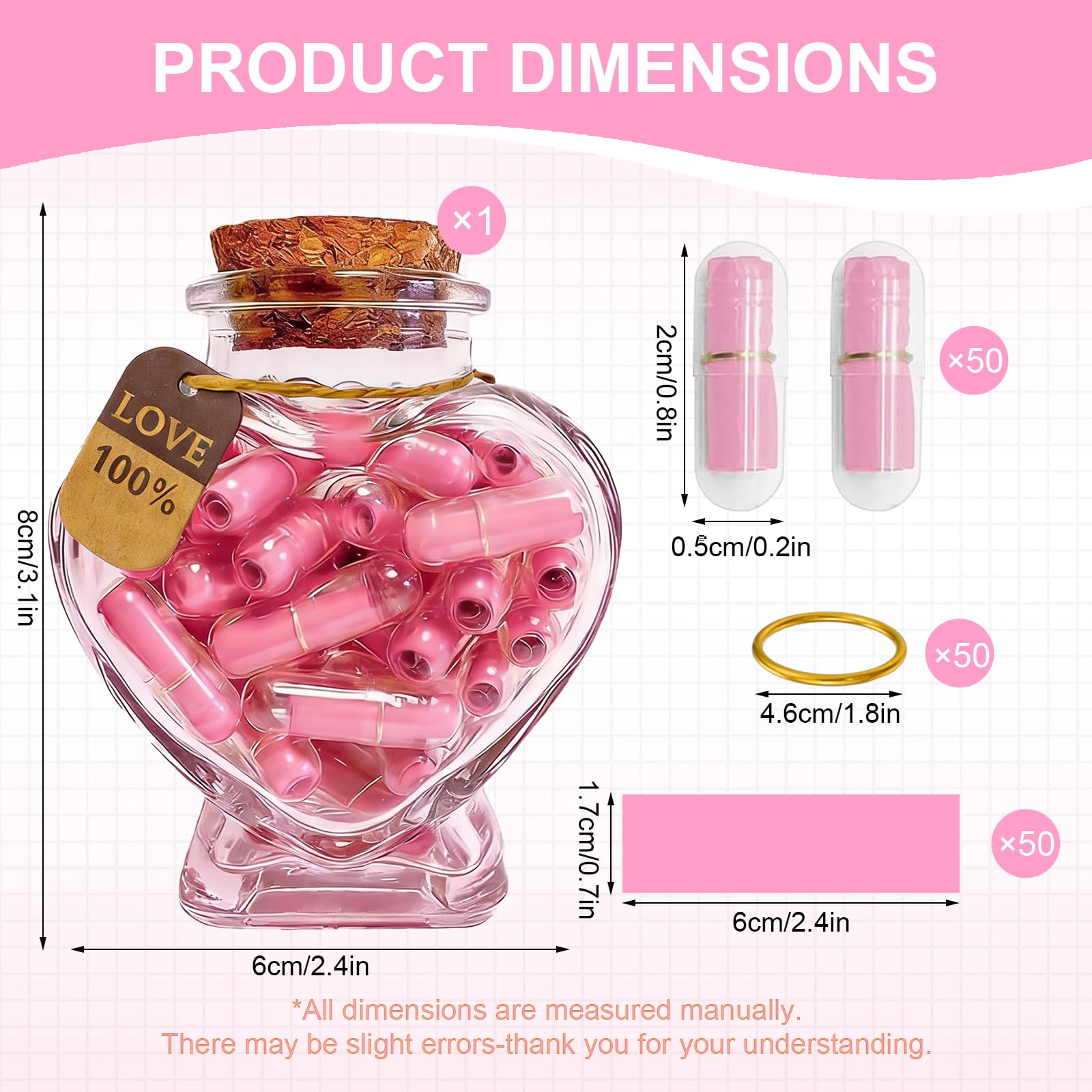 Lot de 50 lettres de capsule d'amour dans un bocal en verre en forme de cœur, rose à faire soi-même, message personnalisé dans une bouteille, cadeau pour lui/elle, souvenir romantique pour petit ami