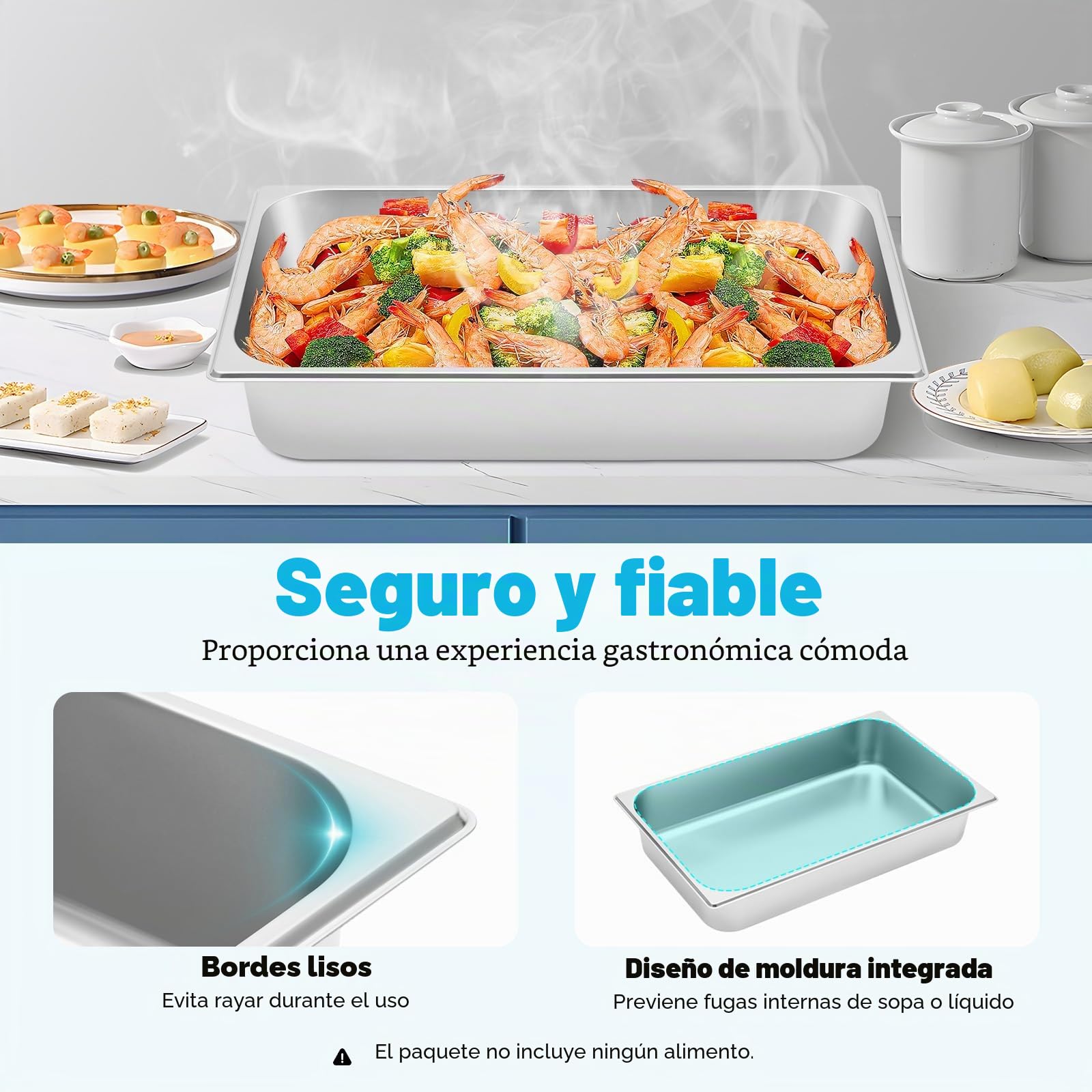 Gastronorm - Juego de 4 recipientes para alimentos con tapa, 9 litros, acero inoxidable, recipiente para calentar alimentos, tartas, sartén de hotel, mesa