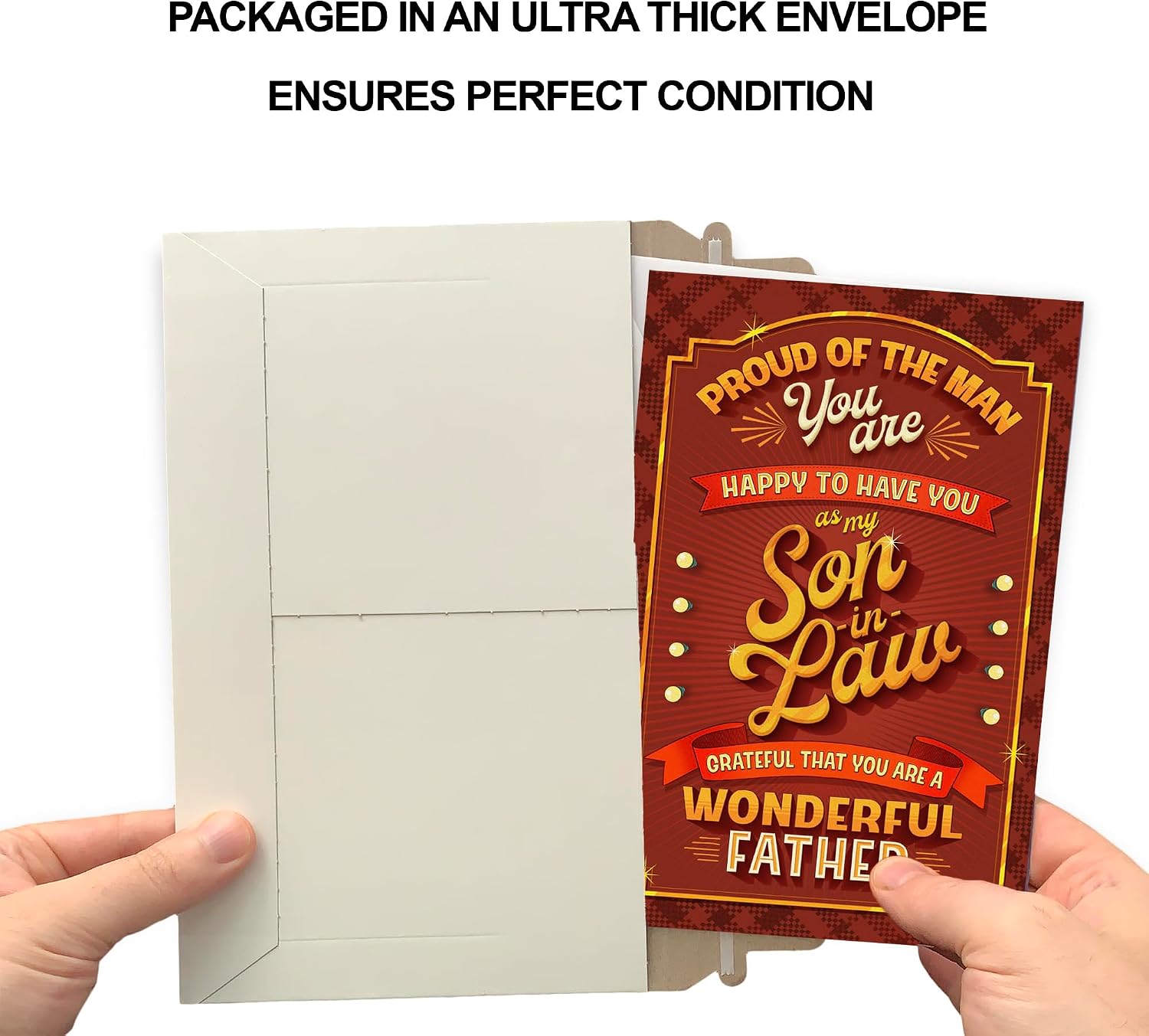 Prime Greetings Son In Law Father's Day Card, Made in America, Thick Card Stock with Premium Envelope Packaged in a Reusable Presentation Mailer, Eco-Friendly, 5in x 7.75in image 5