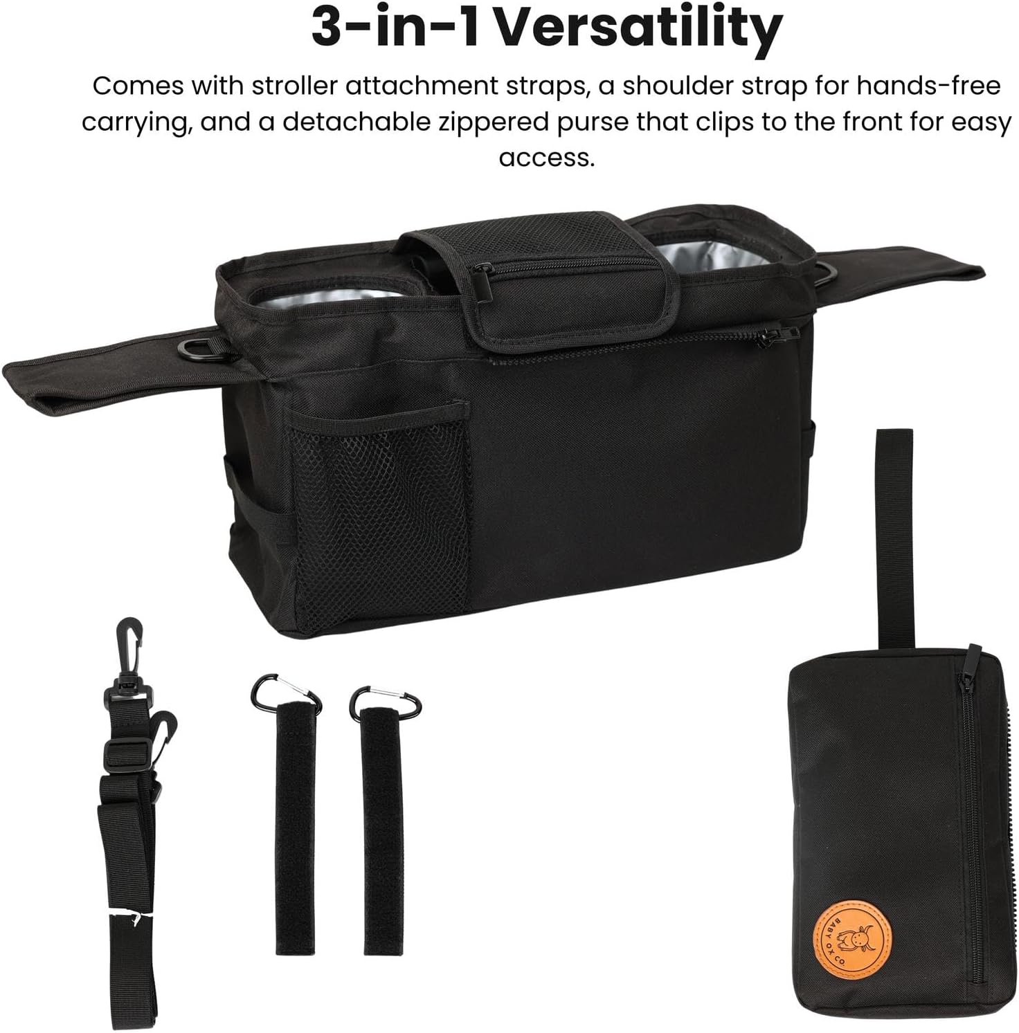Universal Stroller Organizer with Insulated Cup Holders | Detachable Phone/Wipe Pouch & Shoulder Strap Stroller Caddy | Spacious, Fits Jogger, Umbrella, Travel & Pet Strollers