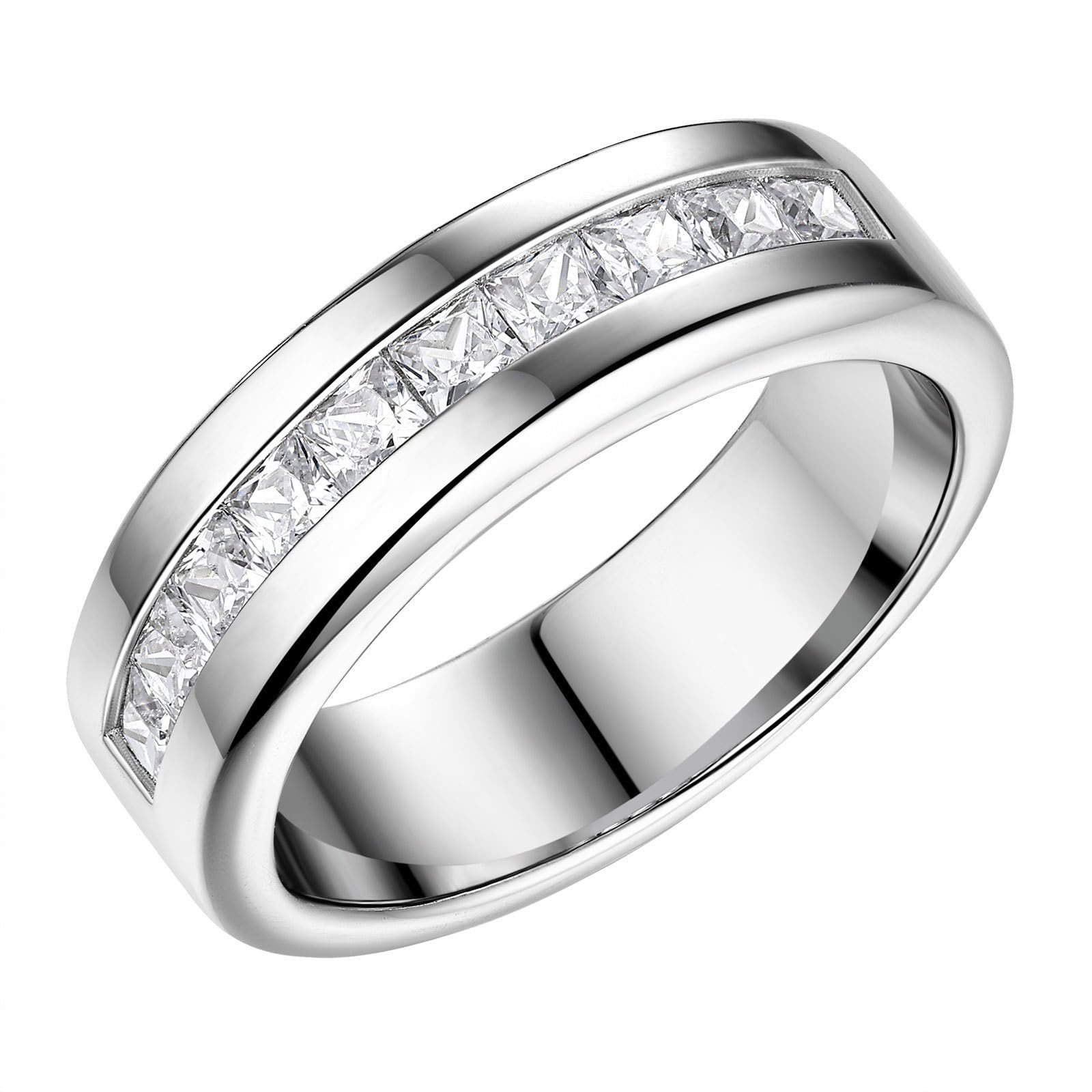 Men CZ Wedding Ring Silver Plated Princess & Round Cut Band