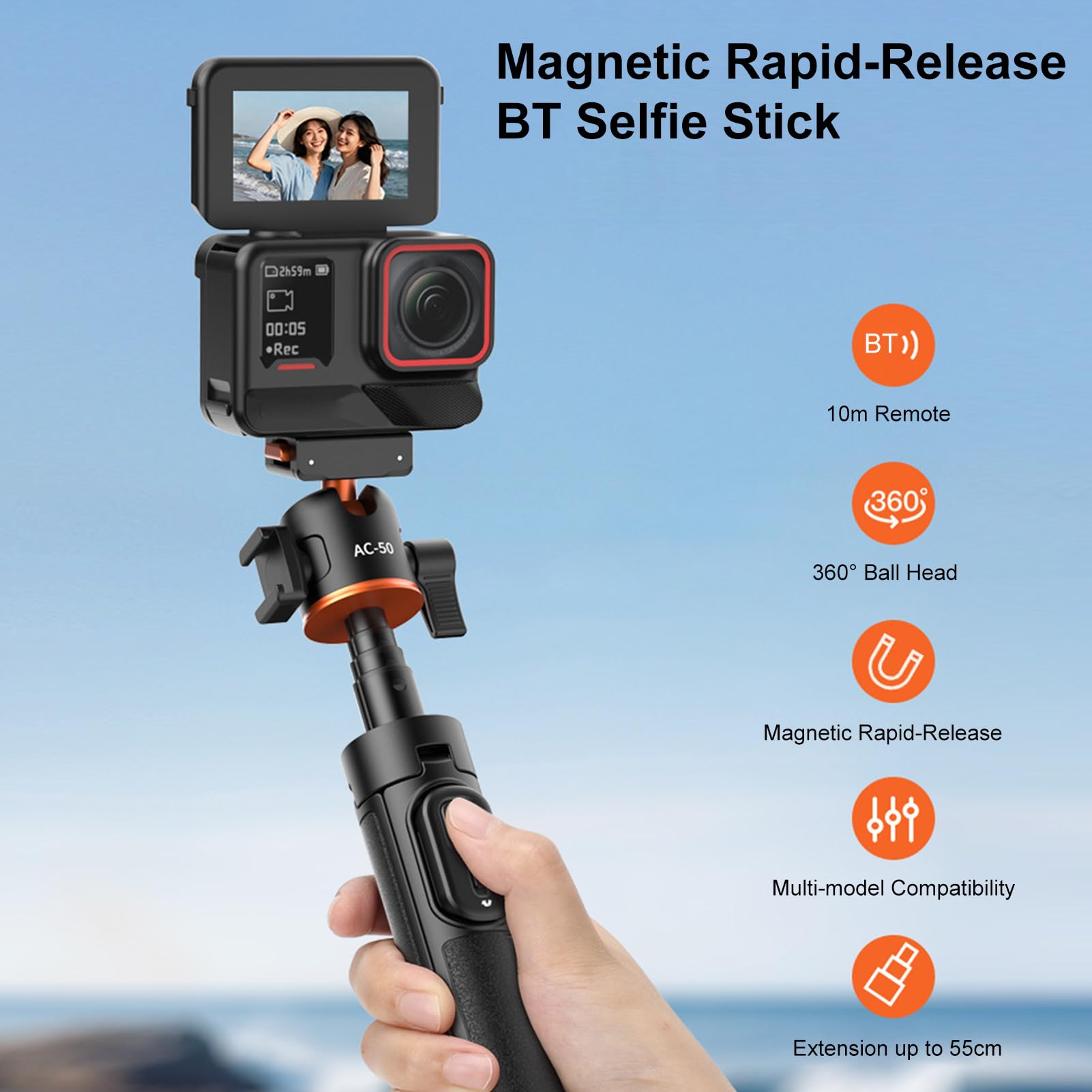 Treppiede Magnetico a Sgancio Rapido, Selfie Stick per X5/Ace Pro 2 con Telecomando BT, Testa a Sfera 360°, Supporto per Slitta Fredda, Estensibile 21-55 Cm Vlogging,