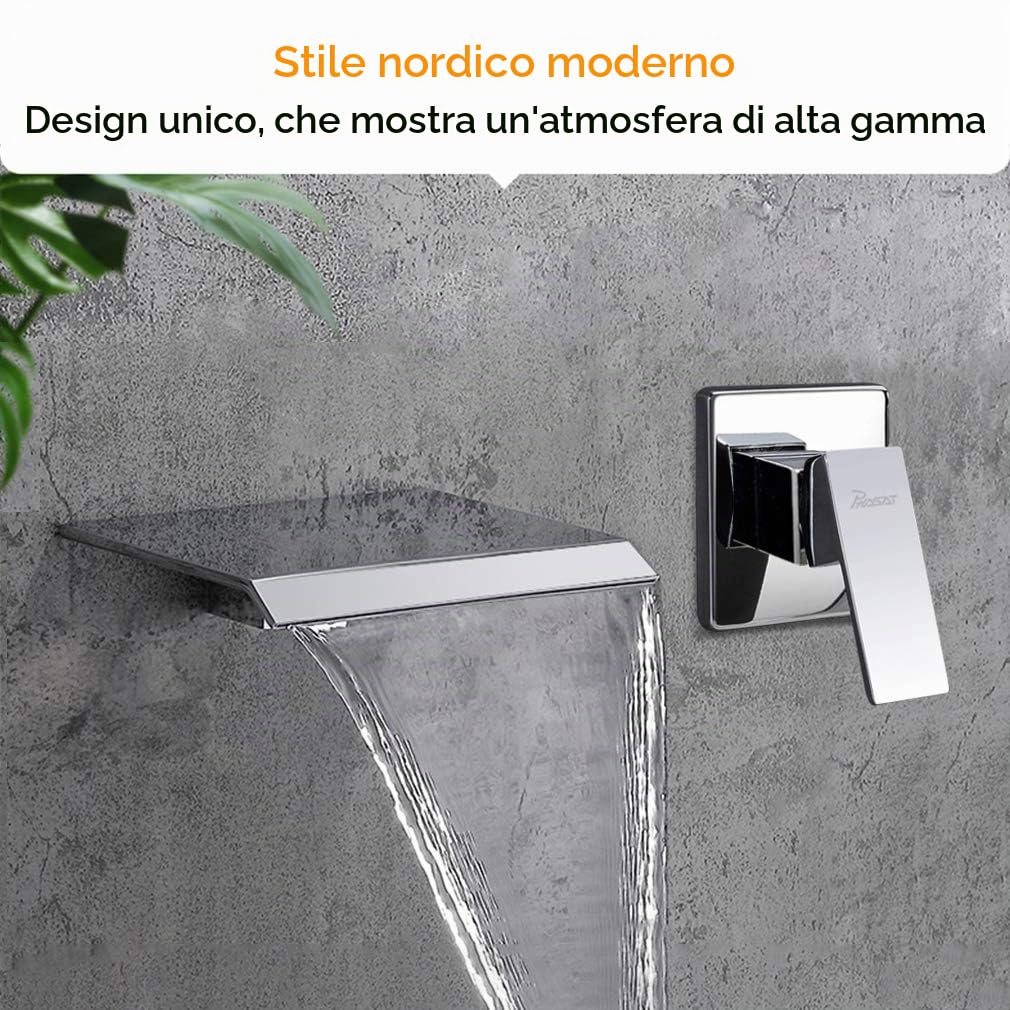 PHASAT Rubinetto Muro Bagno Lavabo Ugello Extra Largo Miscelatore Cascata Parete Acqua Fredda e Calda Rubinetti Monocomando per Lavello Ottone PTBC02E