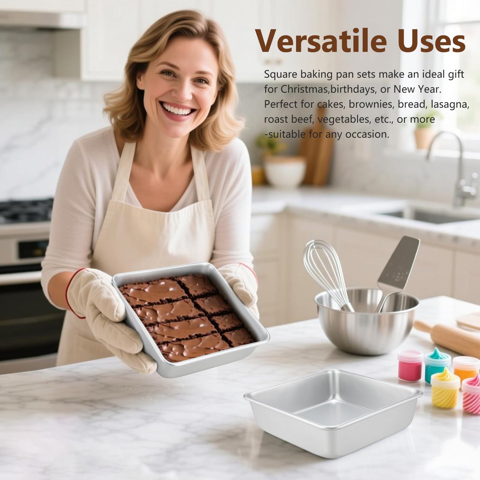 Lot de 2 Moule à Gâteau Carré (21,5 x 21,5 x 6 cm), Moule à brownie en Aluminium Anodisé, pour la Cuisson de Gâteaux et Tartes, Argent