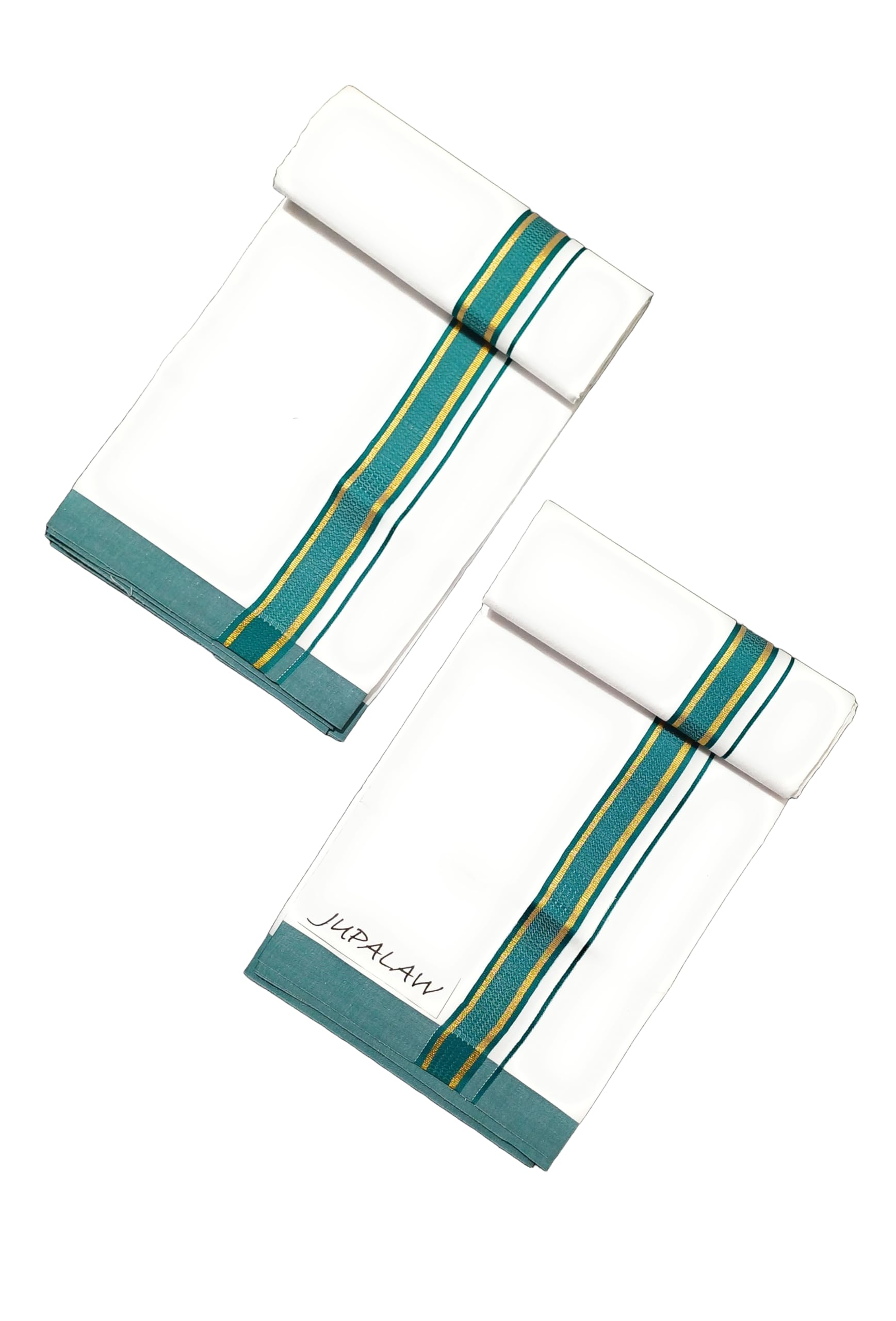 jupalaw Men's Pure Cotton Lungi with Gold Zari Border, Traditional Dhoti, White and Gold, 2 Metres, Pack of 2-picture-50