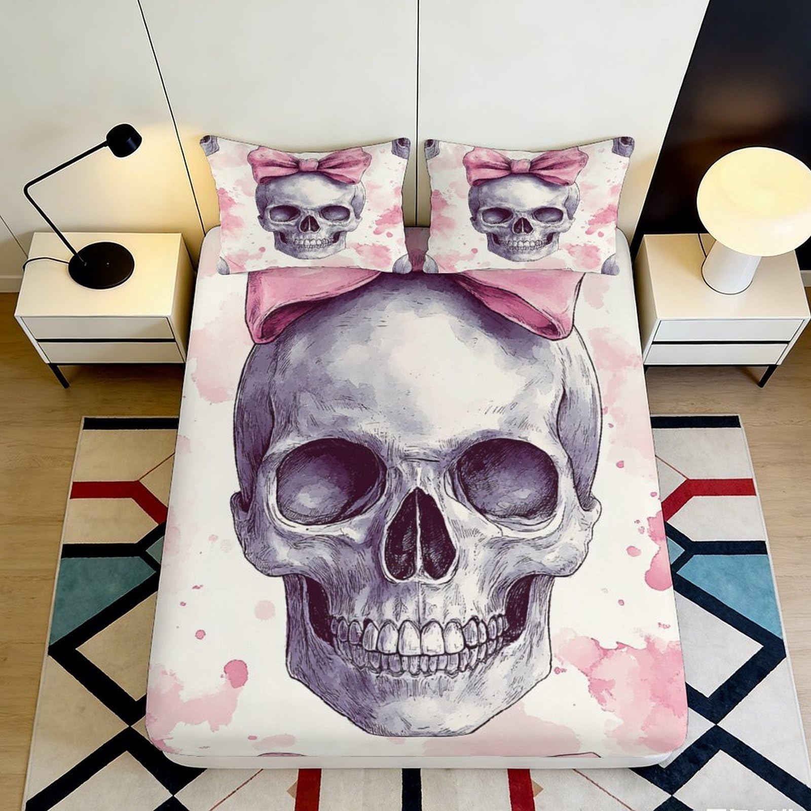 Decorative Skull Fitted Sheet 3D Printed Microfiber soft touch, wrinkle resistant, for bedroom or guest room bed, pink, apartment bedding 120x200x25cm