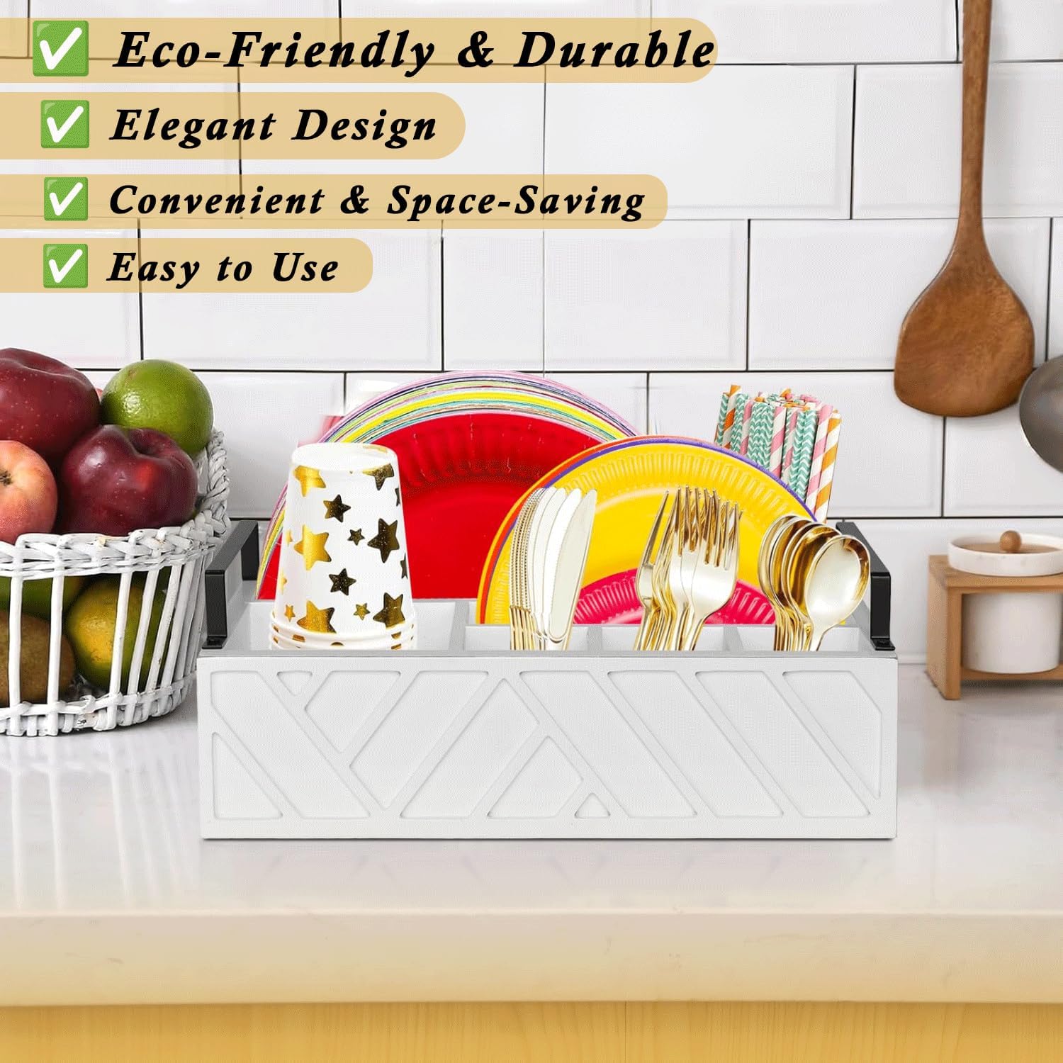 Paper Plate Dispenser with Utensil Caddy, Rustic Wooden 6-Compartment Flatware Organizer for Kitchen Counter, Picnic & Parties (White)