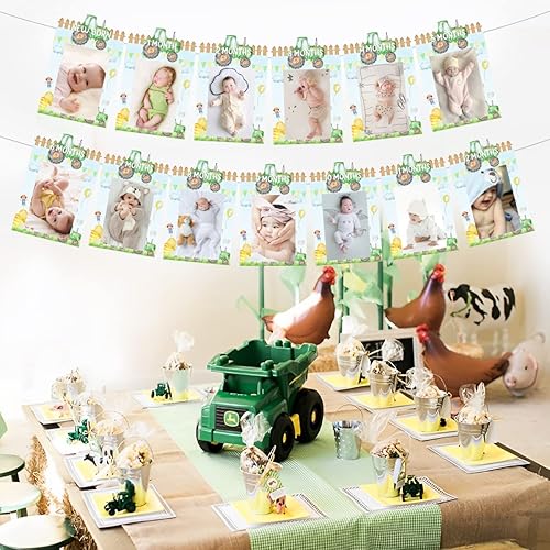Miniatura 4 de Wonmelody Decoraciones de primer cumpleaños de tractor, pancarta de fotos de tractor de granja de recién nacido a 12 meses, pancarta de cumpleaños