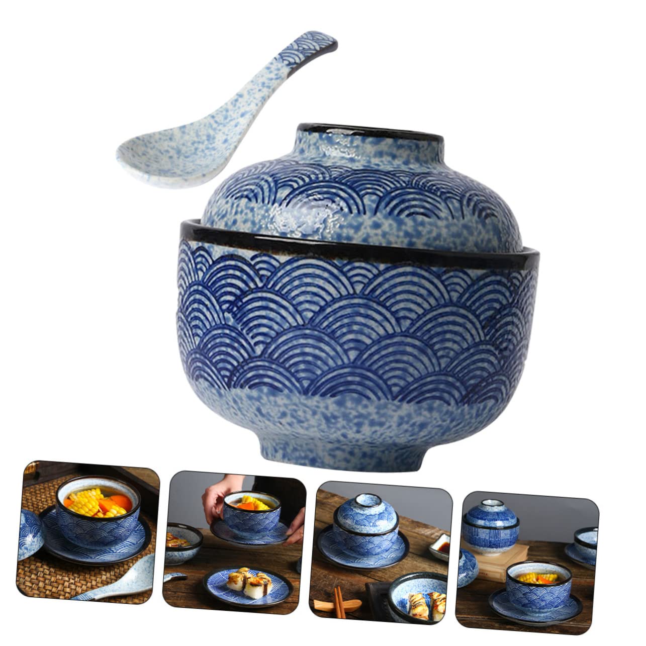 DOITOOL Lot de 2 cocottes en céramique - Bol à ramen avec couvercle - Bol à soupe japonaise - Bol à soupe - Riz Miso - Avec couvercle
