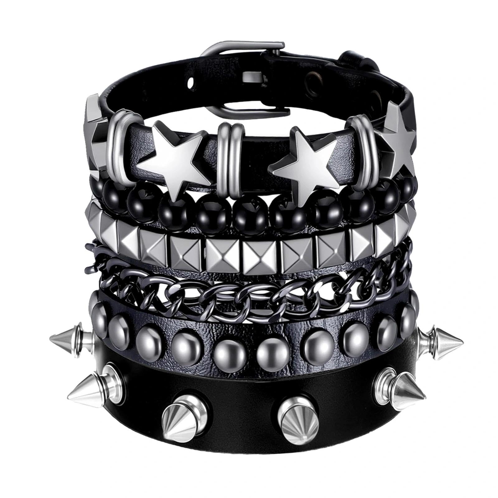 KNUIUYY Pulsera de Cuero Punk Unisex 4 Piezas, Brazalete Gótico con Tachuelas, Accesorio para Halloween pulseras ajustables de la década de 80, para fiestas de