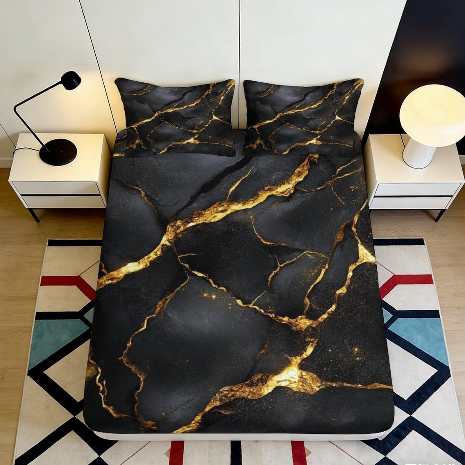 3D Printed Black Marble Fitted Sheet Microfiber Soft Gold Vein Mattress Cover for Bedroom Dorm Room Decor 90x200x25cm