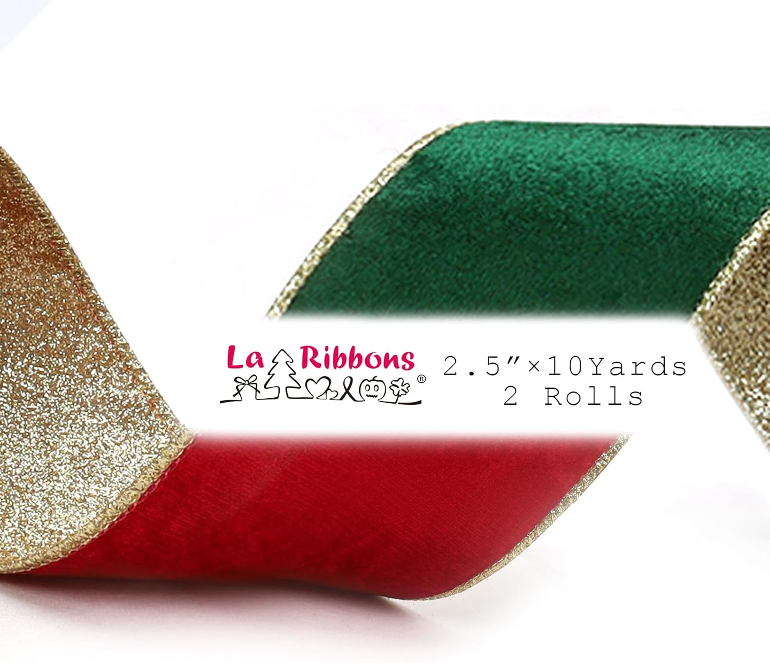 LaRibbons Christmas Velvet Ribbon Wired 2.5 Inches Wide (2 Rolls 20 Yards TTL) Double Faced Red Green and Gold Glitter Velvet Ribbon for Christmas Tree Garland, Gift, Bow, Home Decor