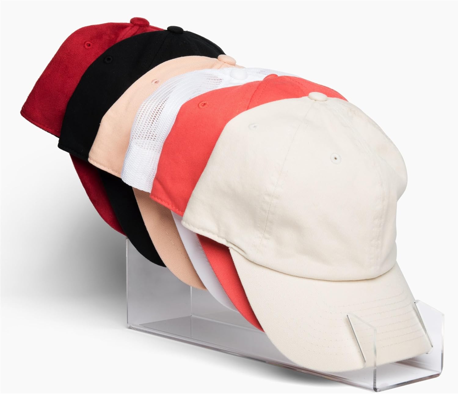 Acrylic Hat Stand & Holder - Cap Rack for Baseball Caps - 6 Hat Storage with Raised Stadium-Style Display for Closet Organization