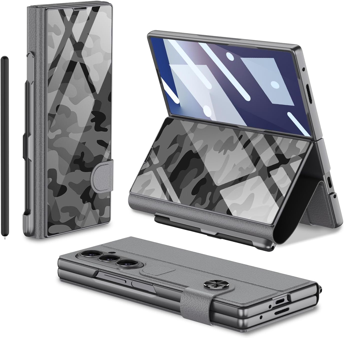 SHIEID Galaxy Z Fold 7 Leather Case with Stylus – Glass Painted Wallet Cover, Magnetic Closure, Card Slots, Kickstand & Built-in Screen Protector for Samsung Z Fold7, Camouflage Gray