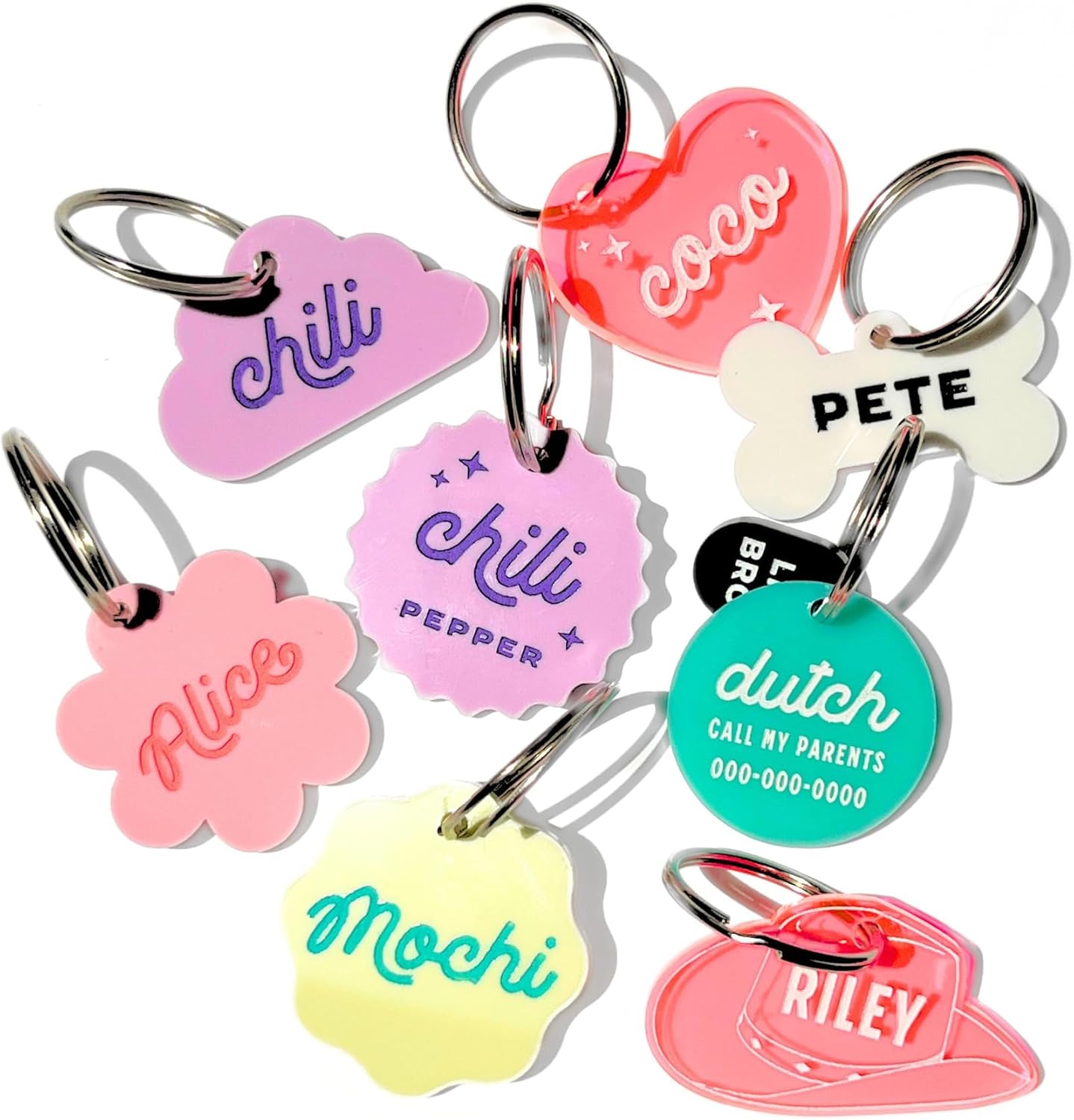 Personalized Pet ID Name Tag Charm Custom Engraved Contact Information Acrylic Collar Pendant with Stainless Steel Ring for Harnesses Lightweight for Dogs and Cats Cowboy Hat Neon Pink