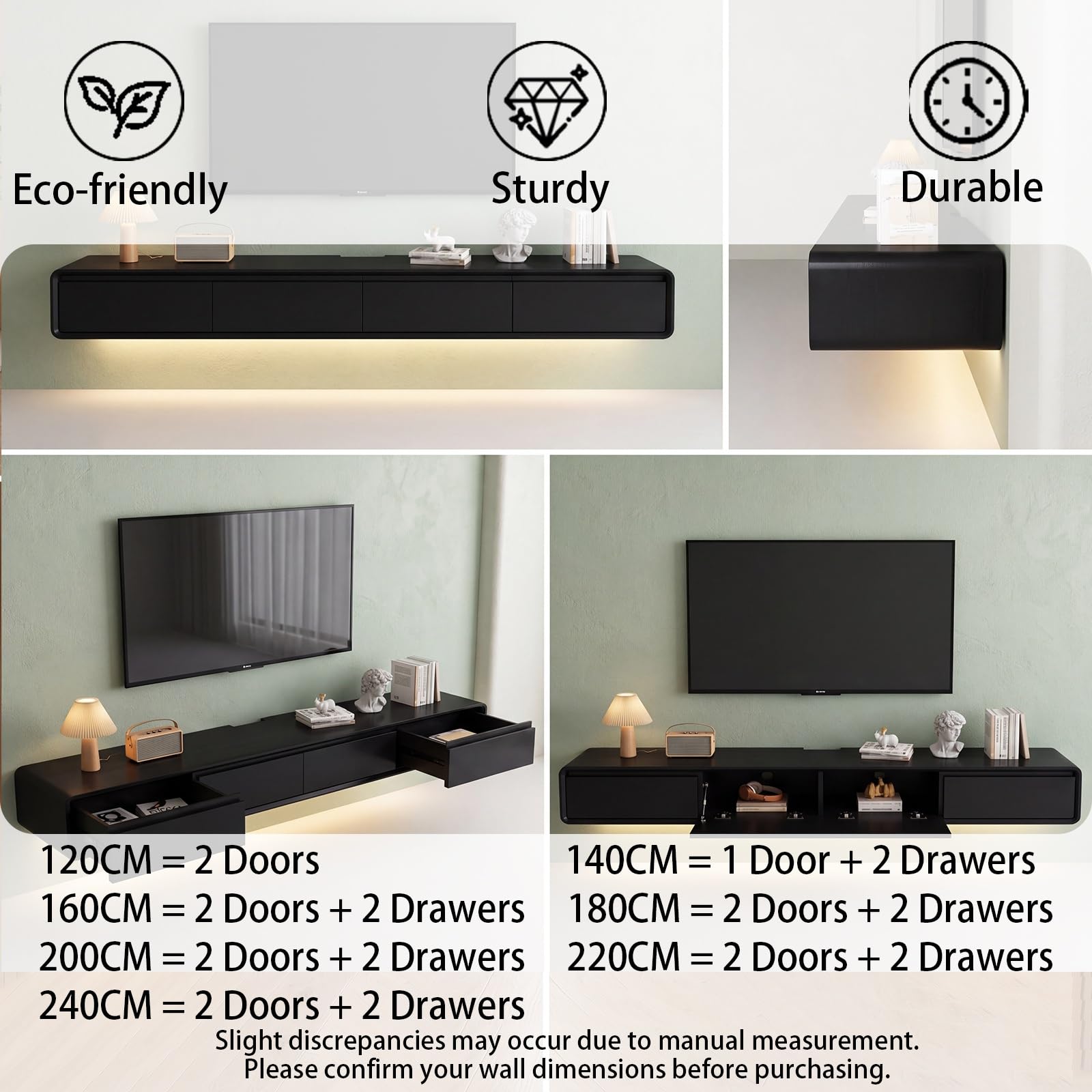 Mueble de TV de Madera Maciza,Mueble de TV Flotante, Mueble Bajo de Pared para TV, Adecuado para el Salón y el Dormitorio,Negro 140CM-LED