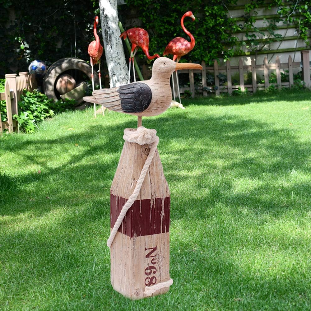 Seagull Statue Decor Nautical Theme Sea Bird Sitting on a Pillar Hand Carved Seagull Figurine Beach Table Decor, Resin, 15.5" H (L)