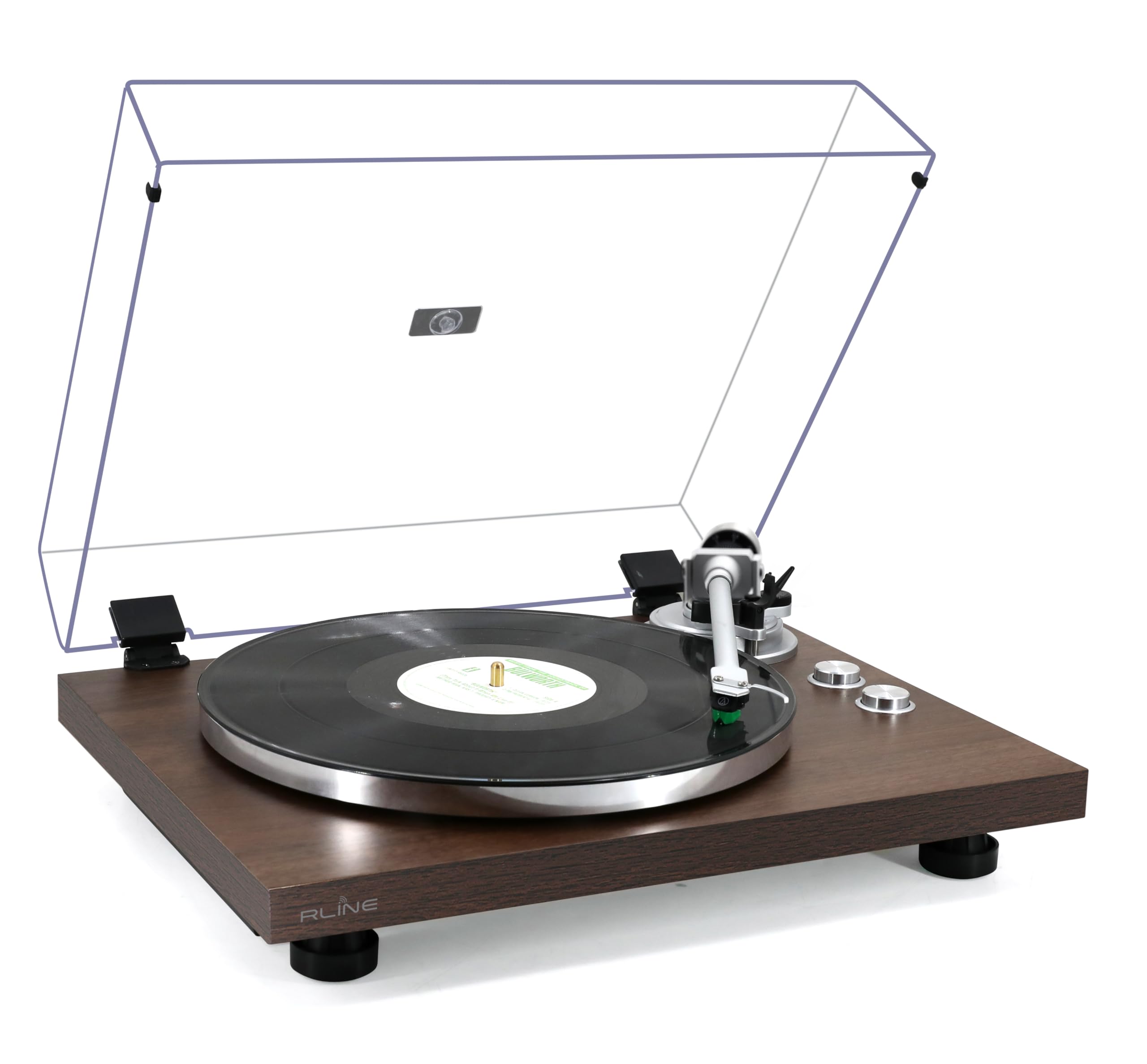 RLINE Gramofon winylowy Bluetooth, orzech włoski, odtwarzacz winylowy 33 i 45 obrotów, talerz ciśnieniowy 12" aluminium, wkład magnetyczny VM-95E, aktywny przedwzmacniacz, funkcja zapobiegająca
