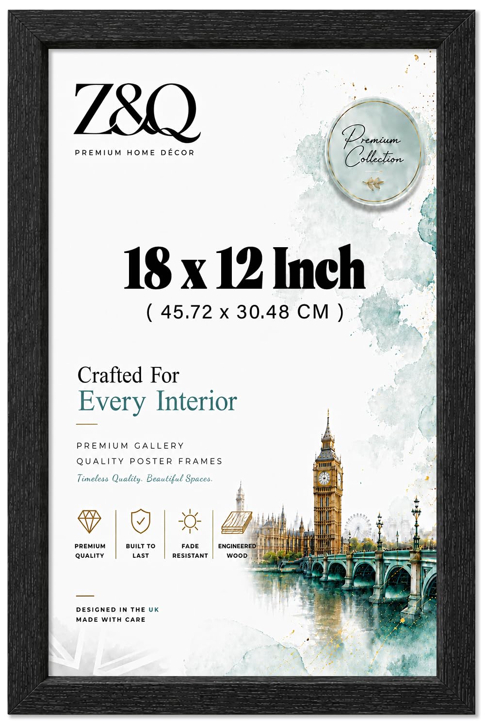 Z&Q | Artistic MDF Picture Frame (45.72 x 30.48 CM) Elegant Wooden Look, Sturdy Certificate Holder 18x12 Inch Modern & Minimalist, 457.2 x 304.8 mm [ Black ] — image 1