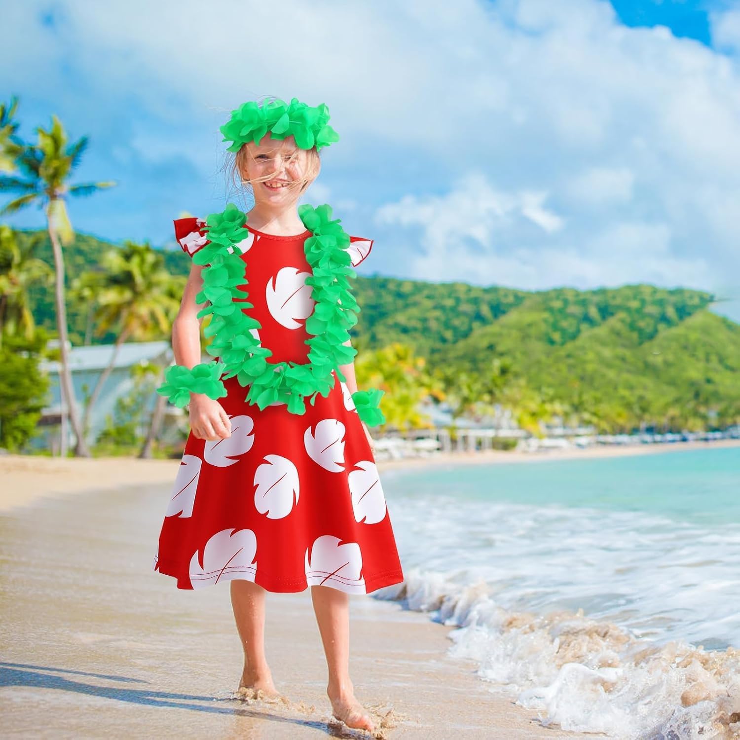 Hawaiian Little Girls Costume Dress with Luau Flower Leis Accessories Flower Hair Clip Halloween Party Cosplay Outfit