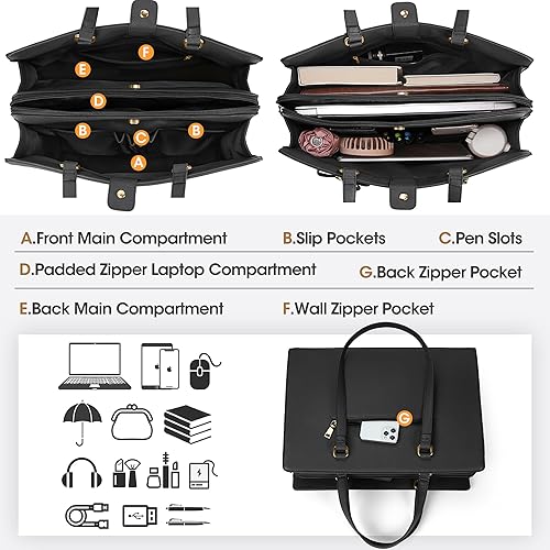 Miniatura 2 de Bolsa de computadora portátil para mujer, bolsa de mano para laptop de 15.6 pulgadas, bolsa de cuero impermeable, maletín grande y ligero, bolsa de