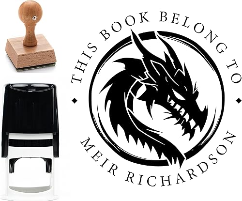 Sello personalizado de libro de biblioteca con tema de dragón encantador, sello de madera, sello de madera personalizado, sello personalizado, sello
