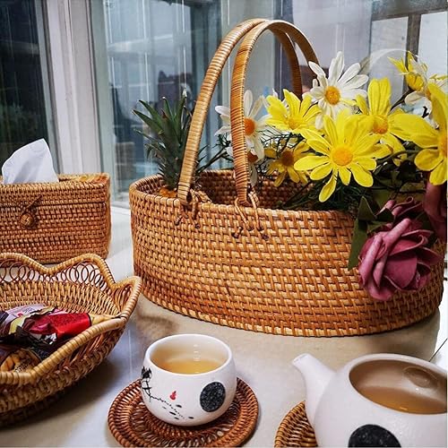 Miniatura 4 de FEMUN, Cesta de mimbre, canasta de picnic, cestas tejidas, mango móvil, tejida a mano, adecuada para camping, fiestas, picnics, conciertos, cestas
